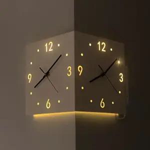 늘솜우드 코너 벽시계 모서리 조명 led 센서 양면 무드등 무소음시계 무타공