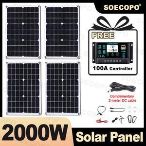 SOECOPO 2000W 휴대용 태양광 패널 키트 (4개의 500W 포함)  100A 컨트롤러 듀얼 USB 5V 캠핑용 휴대폰 핸