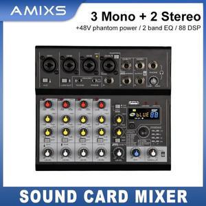 AMIXS 7 채널 오디오 믹서 휴대용 믹싱 콘솔 USB 인터페이스 사운드 카드, 88 DSP 에코 48V 팬텀 전원