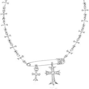 여성용 카밀링커 페이스 크로스 목걸이 안전 핀 실버 더블 펜던트 Y2K 고딕 펑크 주얼리 여성 남성용