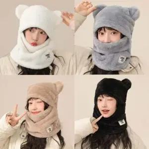 360도 보드러운 털 귀여운 귀 앞로고 패치 겨울 데일리 패션 워머 자전거모자