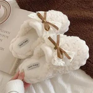 리본레이스 포인트 폭신보온 여성 겨울실내 털슬리퍼 JS618