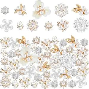 60피스 라인스톤 버튼 인조 진주 장식 공예용 플랫 백 플라워 보석 제작 DIY 웨딩 의류 가방 신발 용품