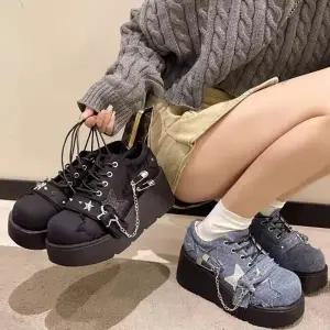 여성 2컬러 흑청 중청 통굽 레이스업 플랫로퍼