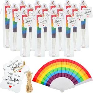 24세트 레인보우 접이식 팬 벌크 LGBT 프라이드 휴대용 게이 플라스틱 웨딩 여러분 미국 카드로 축하해