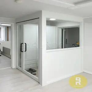 38번 ㄱ자중문 파티션 비대칭양개스윙 화이트 투명강화유리