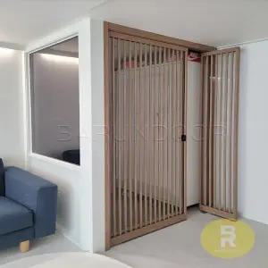 76번 ㄱ자중문 파티션 초슬림비대칭양개스윙 간살형 투명+미러강화유리