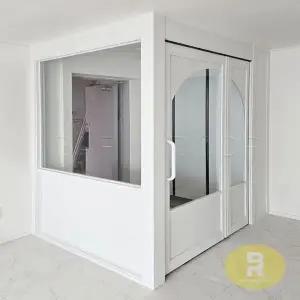 78번 ㄱ자중문 파티션  폴딩스윙 아치형+고시형 화이트 투명강화유리