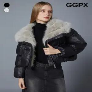 [GGPX]페이크 밍크 배색 빅 카라 크롭 숏 패딩 점퍼 (GOBJP026F)