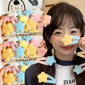 1/6개 플러피 스타 헤어핀 귀여운 별 모양 봉제 클립 BB 데일리 사이드 뱅 인조 모피 패션 핀 바레트 액세