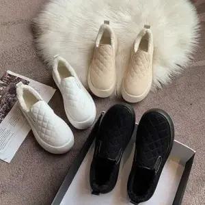 퀼팅 장식 털 안감 여성 슬립온 키높이 단화 패션신발 WEC9059
