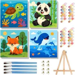 아트토플러스 4팩 프레임을 가진 들을 위한 숫자 키트 페인트 귀여운 동물 나무 이젤을 사용한 4-6-8세