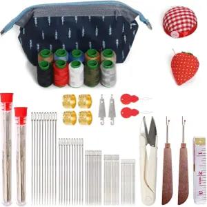 75개 바느질 도구 세트 10롤 청바지 실 및 딸기 핀 쿠션 홀더 포함 대구경 스틸 바늘 키트 초보자용 데님