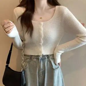 여성 캐주얼 크롭 긴팔 가디건 1P 스퀘어넥 단추 외투 여성슬림가디건