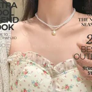 여성 2중 진주 드롭 팬턴트 패션 초커 진주목걸이 초커 목줄 비즈목걸이 깃털목걸이