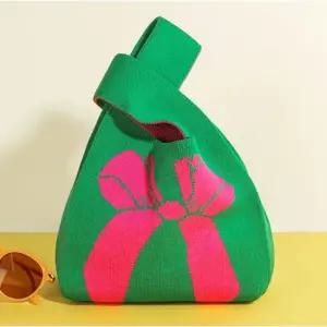 봉다리백 봉지 리본 니트백 미니 마실 가방 그린핑크 봉다리가방 봉다리백 봉지가방