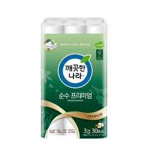 깨끗한나라 순수 프리미엄 화장지 30롤 천연펄프 휴지 두루마리 무형광 무색 무향