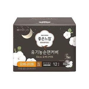 좋은느낌 유기농 순면커버 내추럴코어 맥시슬림 날개 오버나이트 12개입 1팩 생리대