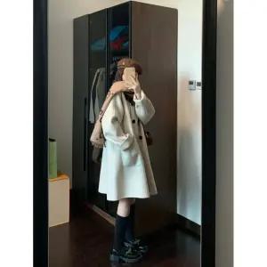 여성용 모직 코트 겨울 빈티지 터틀넥 쇼트 루즈핏 키높이 힛템