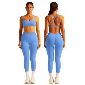 여성용 ABOCIW 2피스 운동 세트 심리스 스트래피 스포츠 브라 V 스크런치 엉덩이 팅 하이 웨이스트 레깅스 체육관