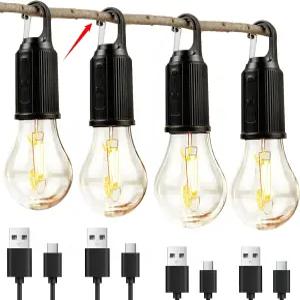 루카스미 4팩 캠핑 조명 충전식 걸이식 텐트 전구 후크 기능 타이머 하이킹 배낭여행 비상 정전(블랙)을