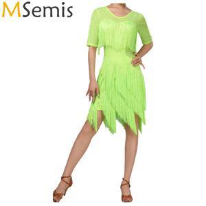 댄스복 의상 라틴 공연복 라인 연습복 살사 반짝이는 언발란스 탱고 드레스 댄스 사교 메쉬 줌바 프린지