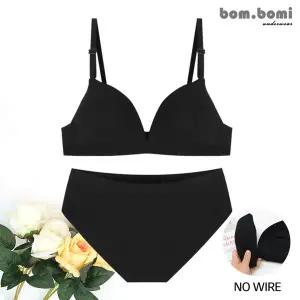 [봄보미] 골지 베이지 노와이어 여성속옷 브라팬티2종SET/블랙