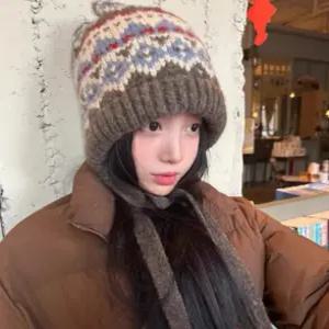 여자 니트 스트랩 끈 비니 모자 가을 겨울 노르딕 뜨개 방한 털 후드 숏 미드 턱끈 귀달이 귀마개 군밤