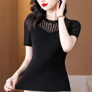 여름 블랙 반팔 시스루 상의 라틴 모던 댄스 사교 댄스복 라인 의상