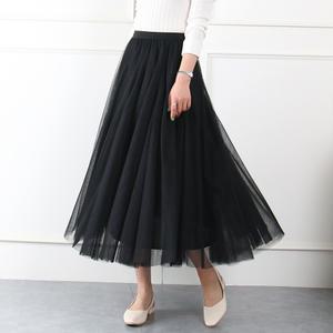 예쁜 실루엣 망사치마 빅사이즈 레이스 롱 플레어 밴딩 로즈 샤스커트