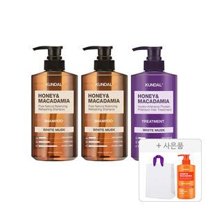 쿤달 네이처 샴푸 화이트머스크향 500ml, 2개+트리트먼트  화이트머스크향 500ml,1개+증정(허니 앤 마카다미아 퓨어 바디워시 체리블라썸향 500ml, 1개+쇼핑백, 1개)