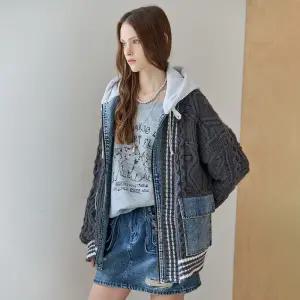 [MAXZA] 데님 포켓 케이블 니트 후드 집업