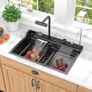 탈러 듀얼 워터폴 스마트 키친 싱크 - 워크스테이션 건메탈 블랙 16 게이지 스테인리스 스틸 싱글 볼 올인원 싱크, 액세서리 , 30 x19