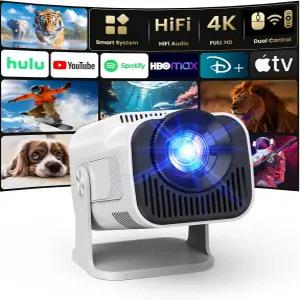 와이파이 및 블루투스가 지원되는 4K 프로젝터 1080P 네이티브 미니 휴대용 TV 스틱 호환 메모리 스마트 홈