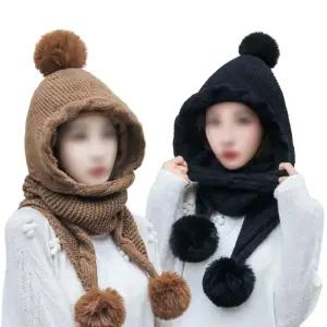 여성용 코지볼 후드목도리 넥워머 일체형 융털모자 패션모자