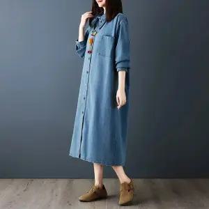 블랙팬서 여성 추동 긴팔 셔츠 스커트 빈티지 슬림핏 롱 데님 원피스 OPH4