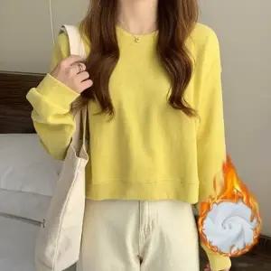 (색상 블루)겨울 여자 기모 루즈핏 크롭 맨투맨 라운드티