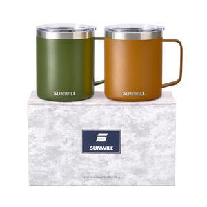 캠핑, 야외, 선물, 파우더 코팅 올리브 & 카라멜용 뚜껑이 있는 여행용 커피 머그잔, 단열 텀블러 세트 2개, 스테인리스 스틸 컵 14온스