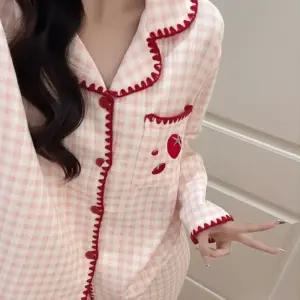 토마토 패턴 누빔 잠옷 겨울 체크 스티치 파자마 세트 홈웨어