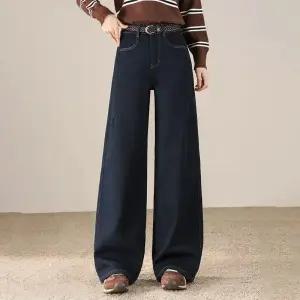 포뇨 여성 기모 데님 와이드 바지 겨울 슬림핏 통 캐주얼 OPH4