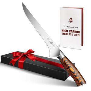 TUO 본닝 나이프, 뼈로 고기를 다듬을 수 있는 7인치 날카로운 필레 우드그레인 파카우드 손잡이, 고탄소 독일산 스틸, 선물 상자 포함