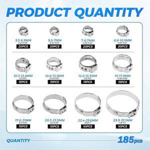 185PCS 싱글 이어 호스 클램프 5.3-33.1mm 크림프 키트 핀셋 포함) 304 스테인리스 스틸