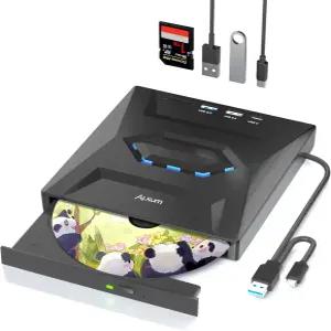 Alxum 노트북용 외장 CD/DVD 드라이브 Type-C USB 3.0 포터블 CD 플레이어 DVD 버너 SD 슬롯 및 포트 탑재