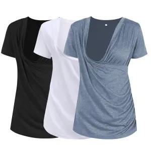 Liu Qu 여성용 임산부 수유 상의 모유 수유를 위한 레이어드 랩 브이넥 반소매 티셔츠 3팩 블랙/화이트/라