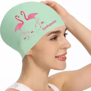 여성용 존호수 실리콘 수영 모자 플라밍고 프린트가 있는 방수 긴 머리