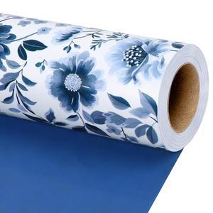 라리본스 리버서블 블루 플로럴 포장지 롤, 우아한 흰색 화이트 모란 디자인, 발렌타인데이, 결혼식, 신부 샤워 생일 선물 랩, 17인치 x 33피트