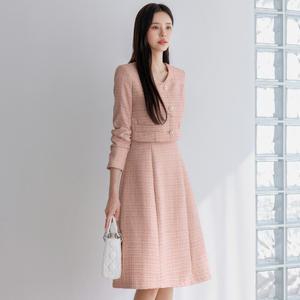 [시크라인] (~XXL까지) 프리지 크롭 레이어드 트위드 원피스 겨울 플레어 V넥 하객룩 오피스룩 격식룩 데이트룩