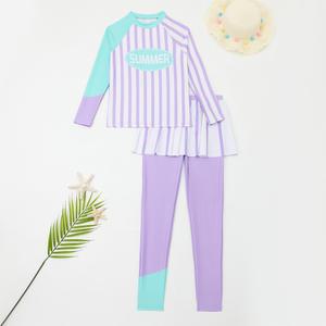 여아 퍼플 스트라이프 치마레깅스 수영복 세트 키즈 래쉬가드