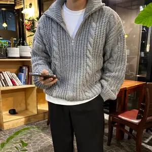 [이룰]하이넥 꽈배기 오버핏 집업 니트 가디건 5colors