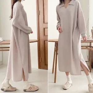 [보리보리/보리맘]니트 조직 트임 카라 빅사이즈 롱 원피스